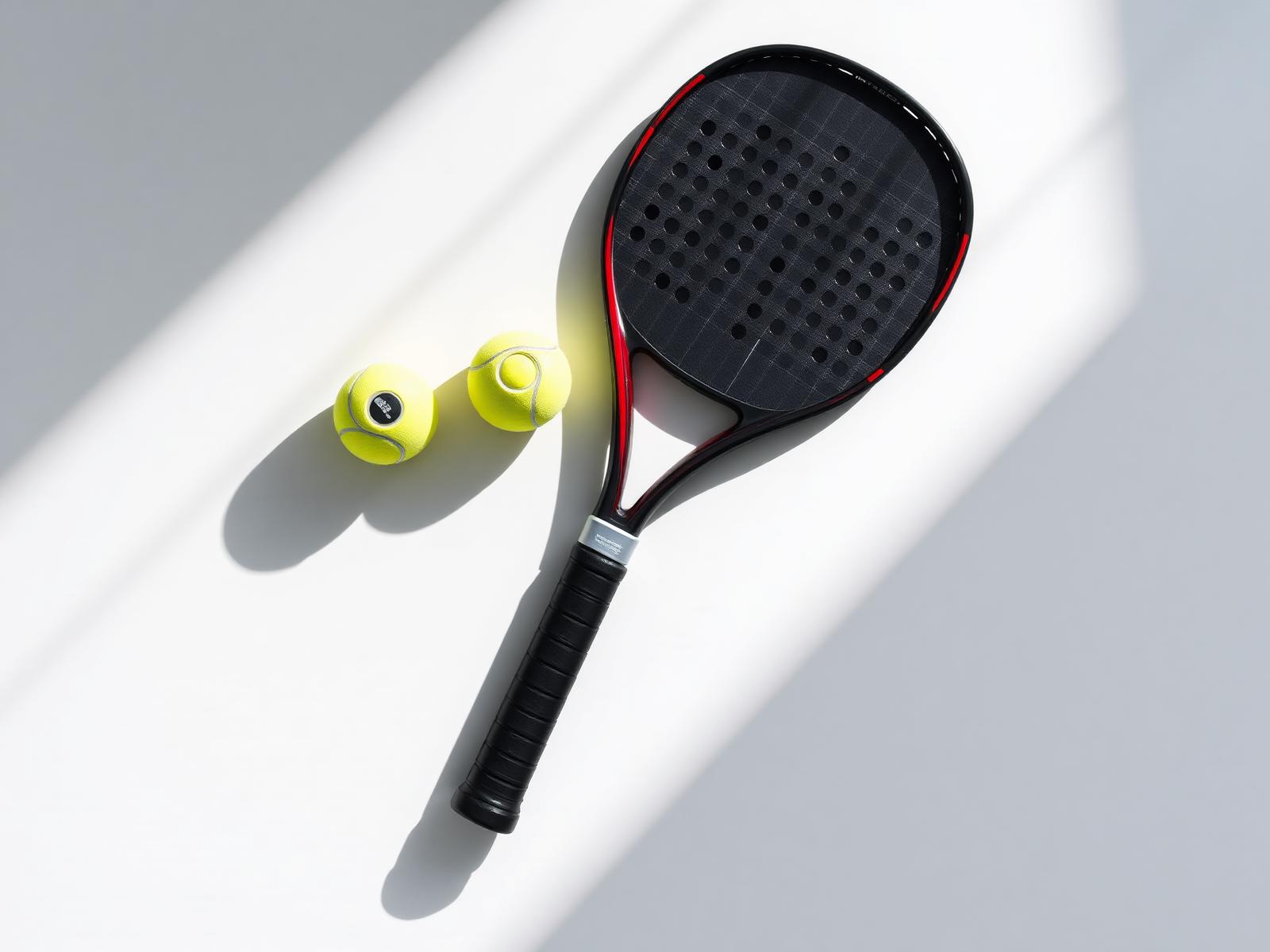 Padel racket and balls on a white surface